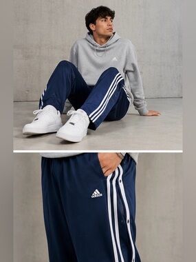 adidas Navy Blue Tear Away Track Pants White 3 Stripe Y2K Streetwear XL